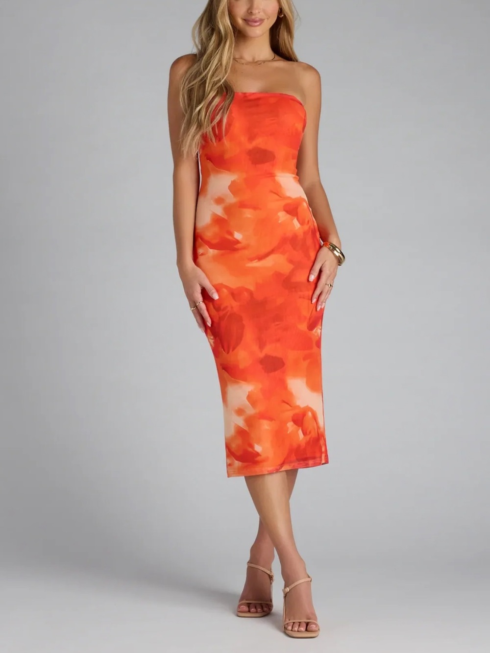 NWT Muse Mode Abstract Print Midi Tube Strapless Orange Watercolor Dress